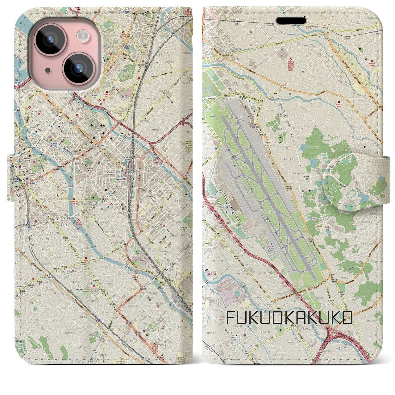 【福岡空港】地図柄iPhoneケース（手帳両面タイプ・ナチュラル）iPhone 15 Plus 用