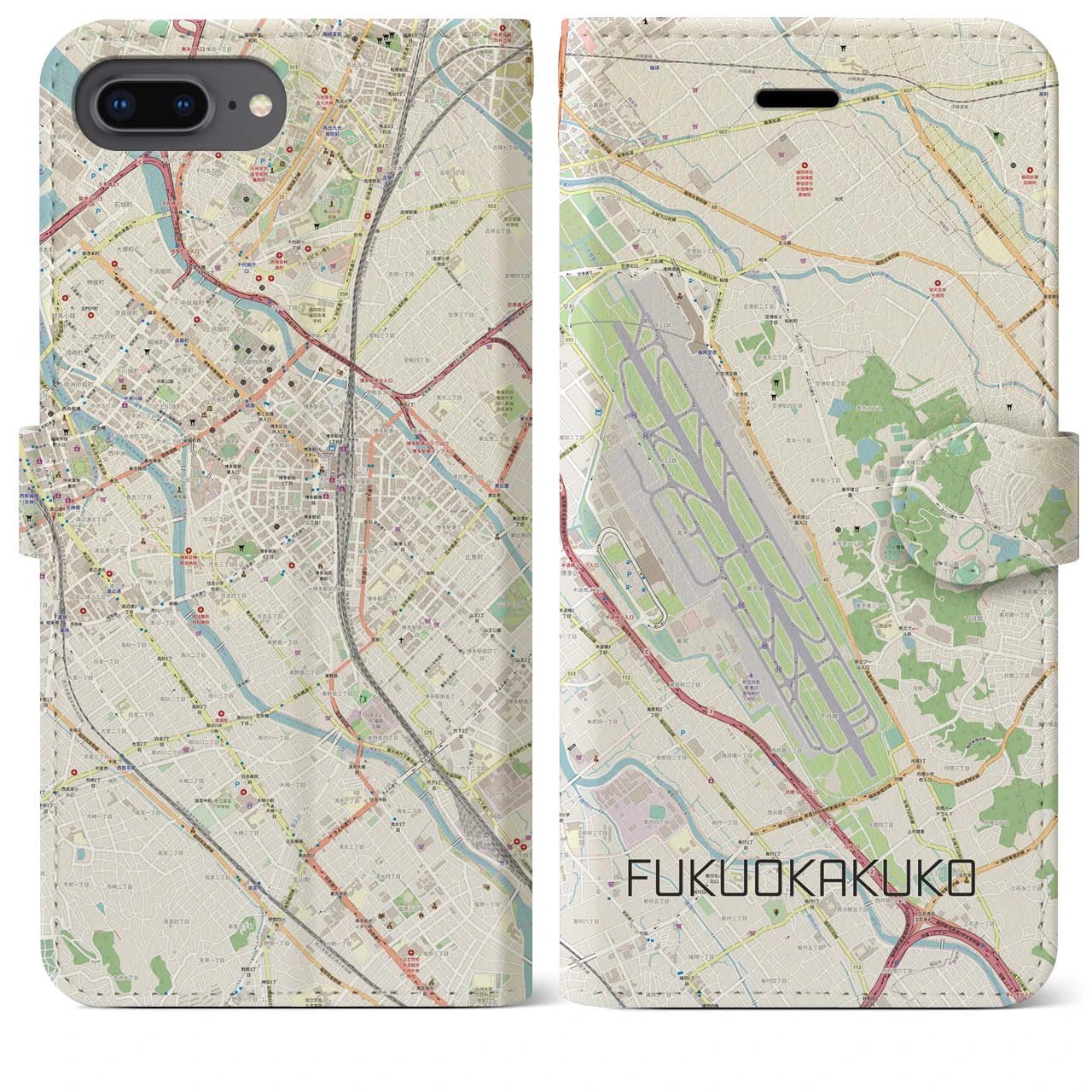 【福岡空港】地図柄iPhoneケース（手帳両面タイプ・ナチュラル）iPhone 8Plus /7Plus / 6sPlus / 6Plus 用