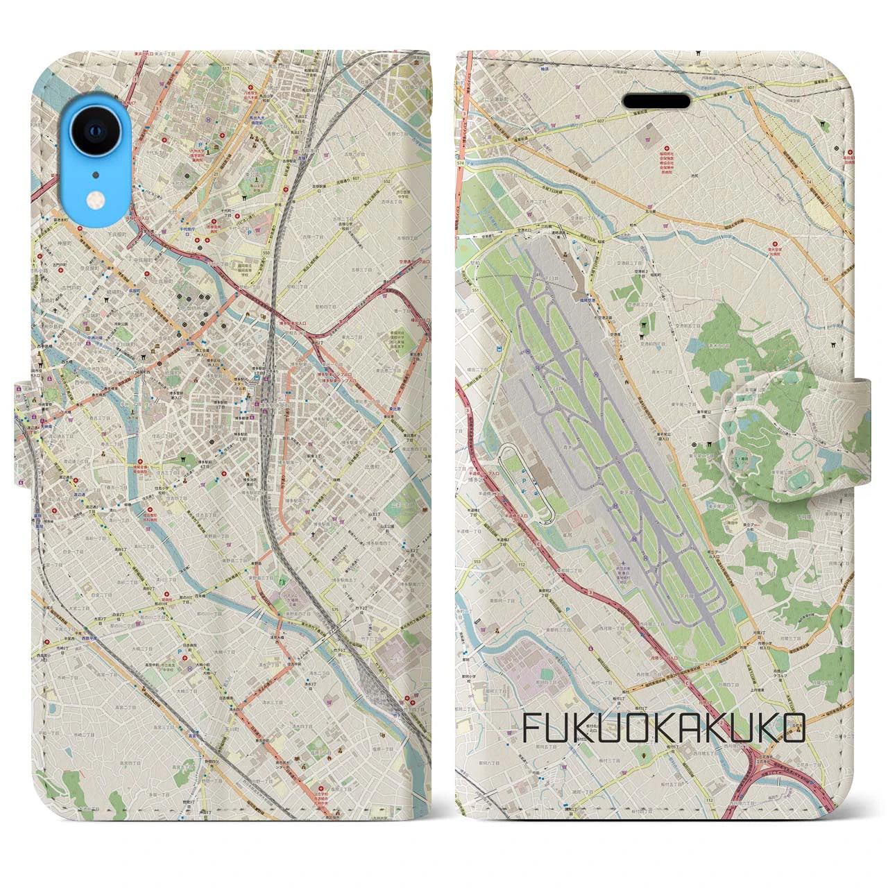 【福岡空港】地図柄iPhoneケース（手帳両面タイプ・ナチュラル）iPhone XR 用