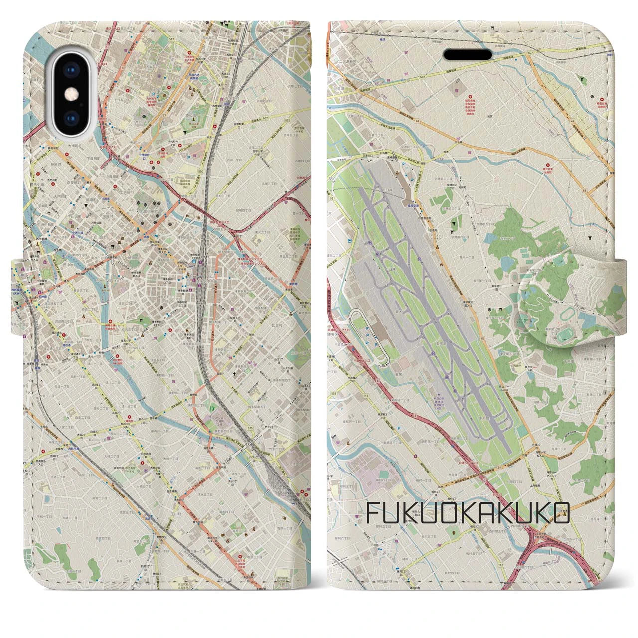【福岡空港】地図柄iPhoneケース（手帳両面タイプ・ナチュラル）iPhone XS Max 用