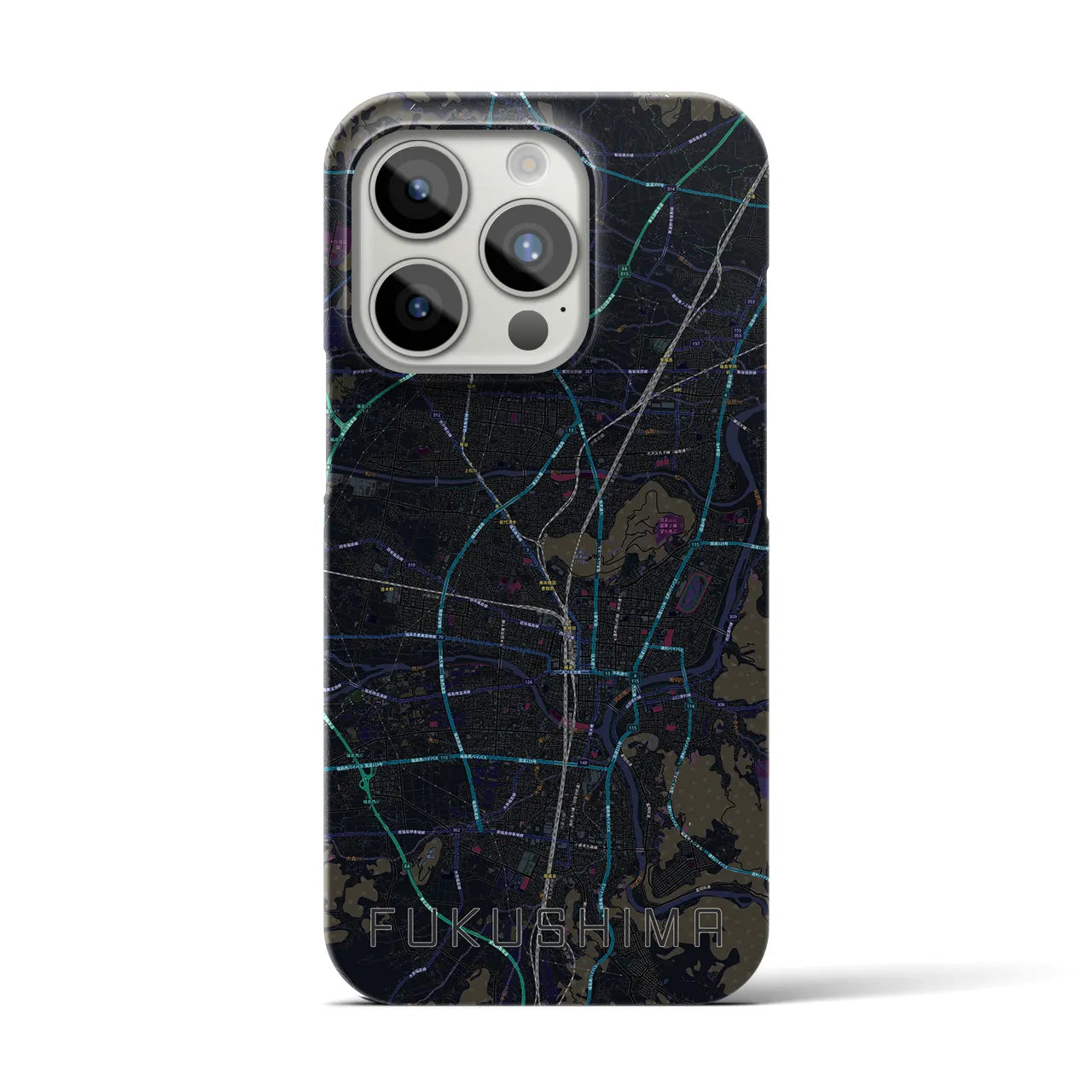 【福島】地図柄iPhoneケース（バックカバータイプ・ブラック）iPhone 15 Pro 用