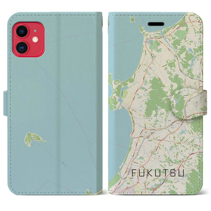 【福津（福岡県）】地図柄iPhoneケース（手帳タイプ）ナチュラル・iPhone 11 用
