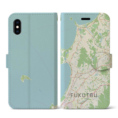 【福津（福岡県）】地図柄iPhoneケース（手帳タイプ）ナチュラル・iPhone XS / X 用