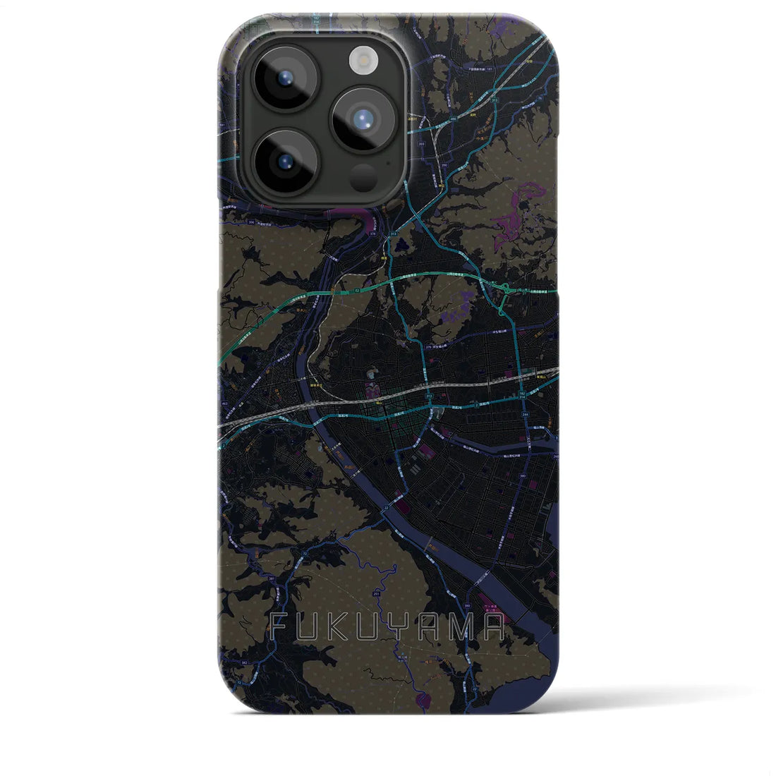 【福山】地図柄iPhoneケース（バックカバータイプ・ブラック）iPhone 15 Pro Max 用