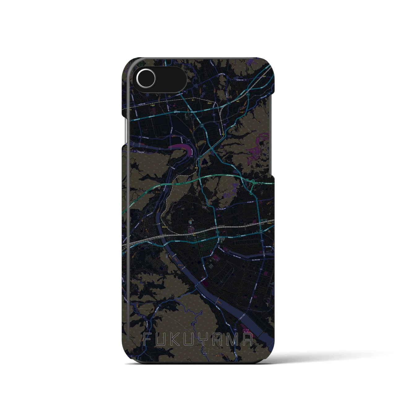 【福山】地図柄iPhoneケース（バックカバータイプ・ブラック）iPhone SE（第3 / 第2世代） / 8 / 7 / 6s / 6 用