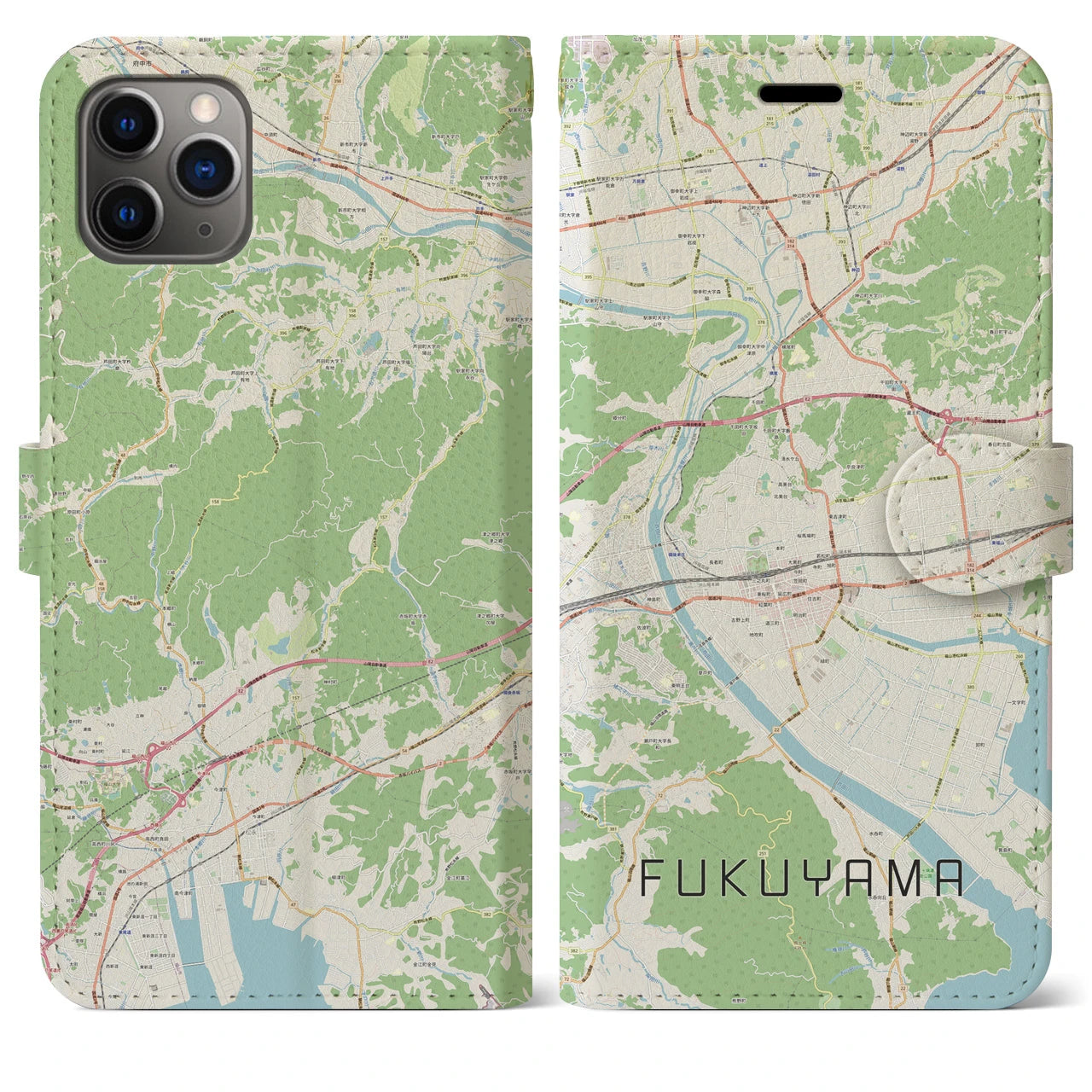 【福山】地図柄iPhoneケース（手帳両面タイプ・ナチュラル）iPhone 11 Pro Max 用