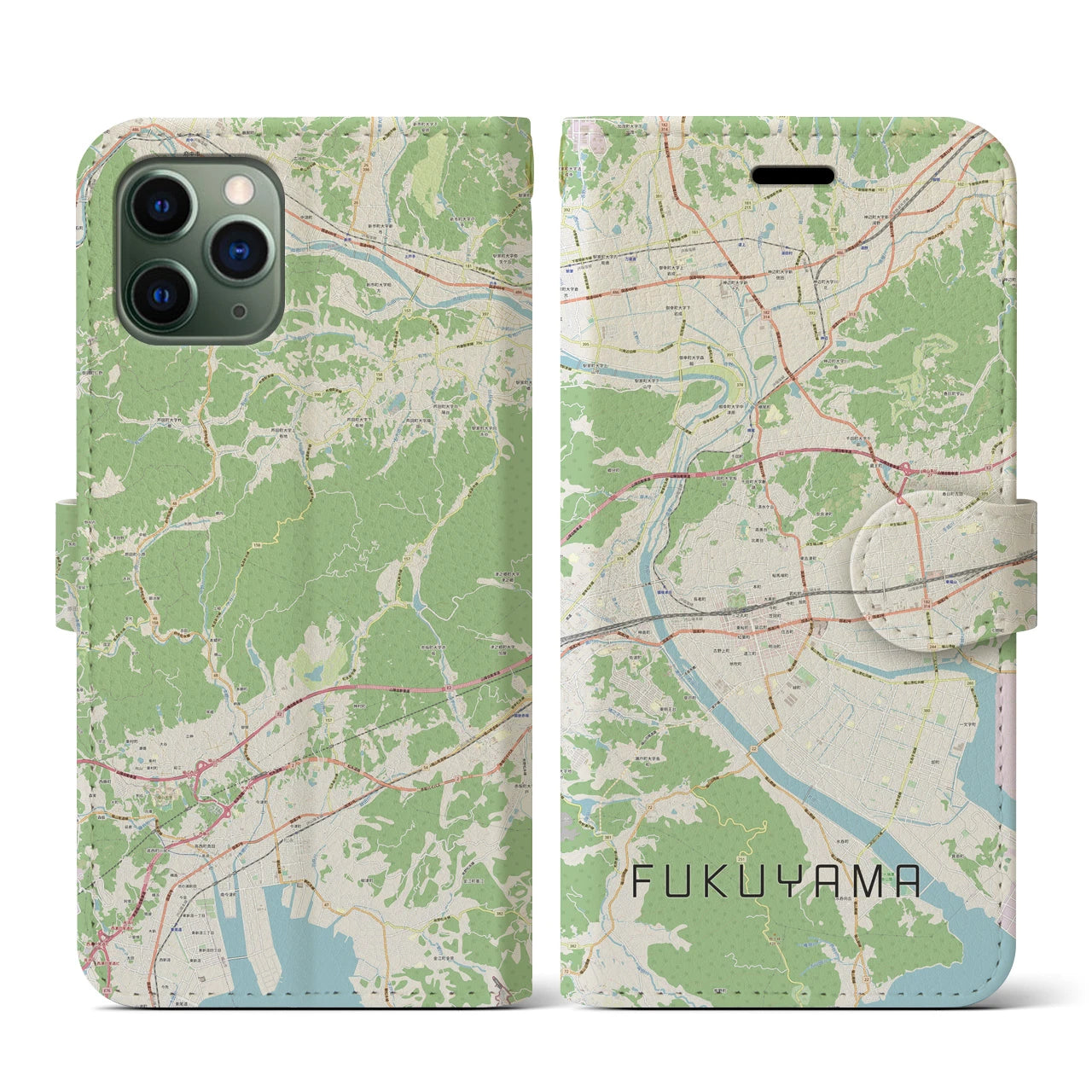 【福山】地図柄iPhoneケース（手帳両面タイプ・ナチュラル）iPhone 11 Pro 用
