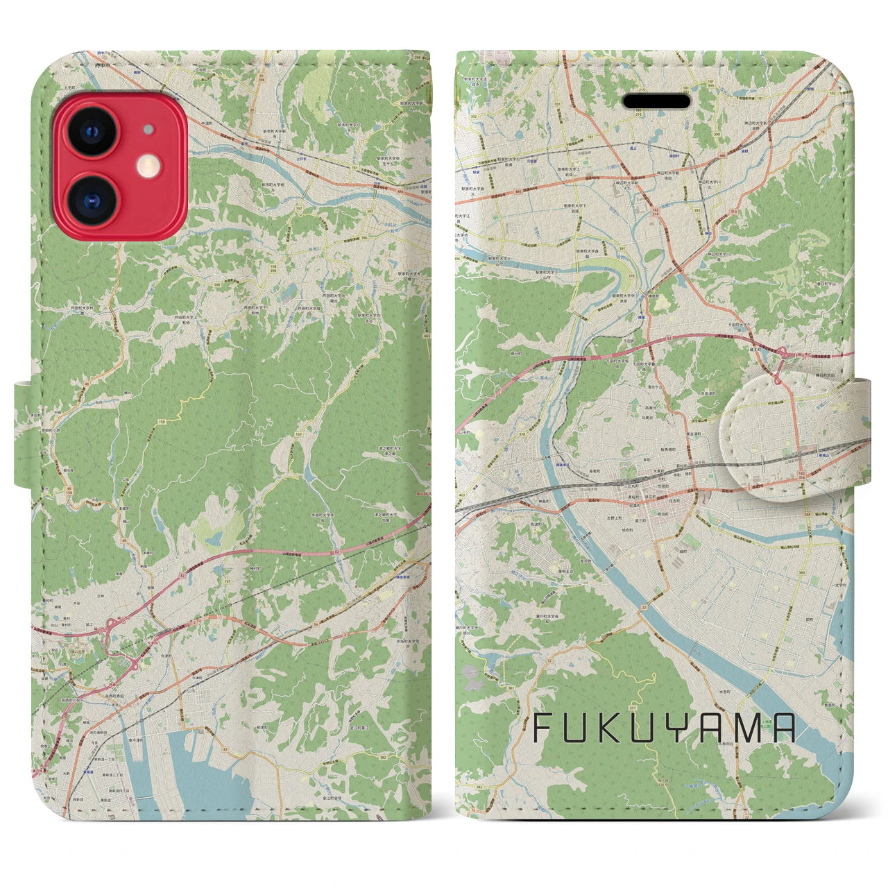 【福山】地図柄iPhoneケース（手帳両面タイプ・ナチュラル）iPhone 11 用