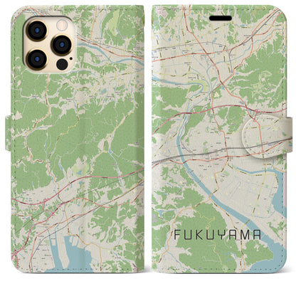【福山（広島県）】地図柄iPhoneケース（手帳タイプ）ナチュラル・iPhone 12 Pro Max 用