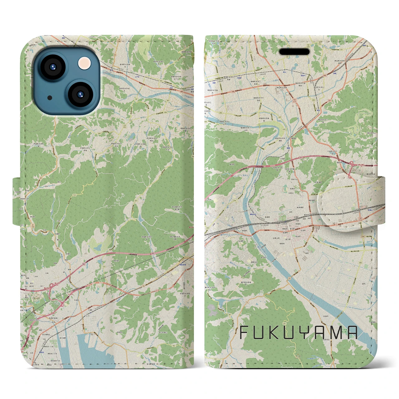 【福山】地図柄iPhoneケース（手帳両面タイプ・ナチュラル）iPhone 13 用