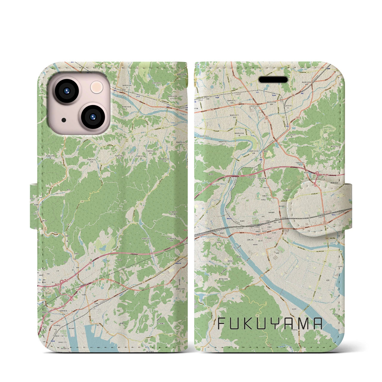 【福山】地図柄iPhoneケース（手帳両面タイプ・ナチュラル）iPhone 13 mini 用