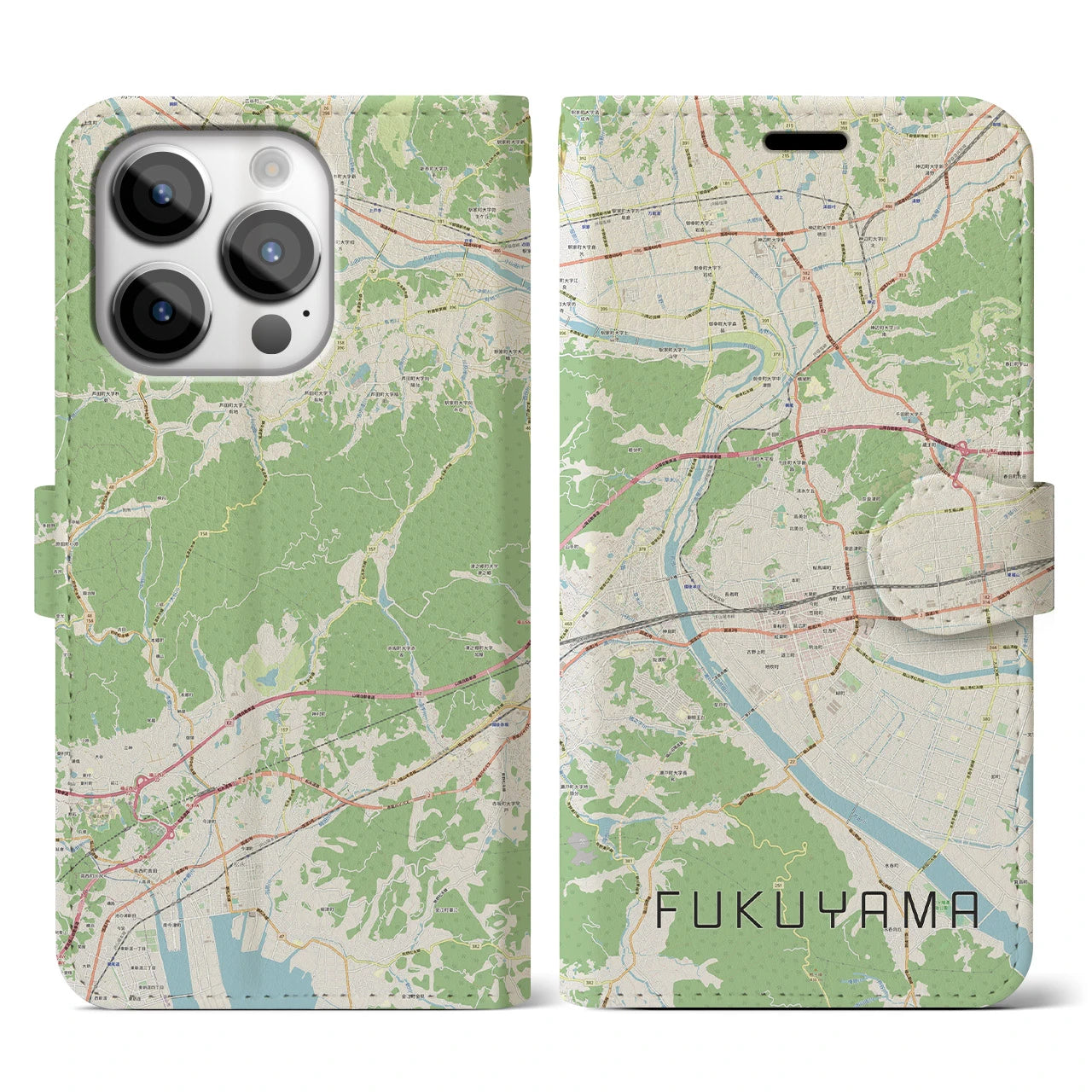 【福山】地図柄iPhoneケース（手帳両面タイプ・ナチュラル）iPhone 14 Pro 用