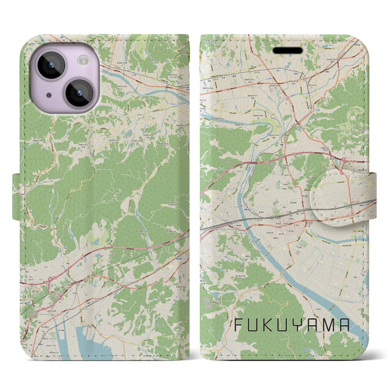 【福山】地図柄iPhoneケース（手帳両面タイプ・ナチュラル）iPhone 14 用