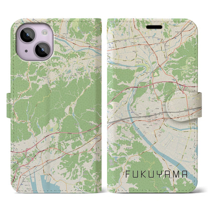 【福山（広島県）】地図柄iPhoneケース（手帳タイプ）ナチュラル・iPhone 14 用