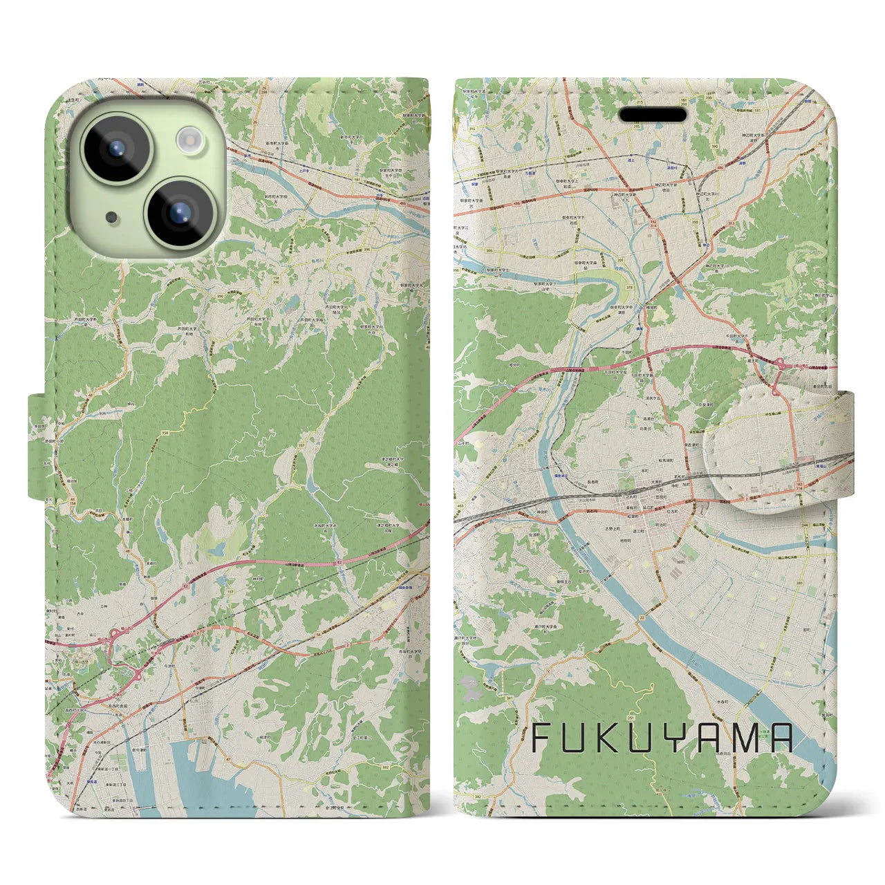 【福山】地図柄iPhoneケース（手帳両面タイプ・ナチュラル）iPhone 15 用