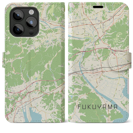 【福山】地図柄iPhoneケース（手帳両面タイプ・ナチュラル）iPhone 15 Pro Max 用