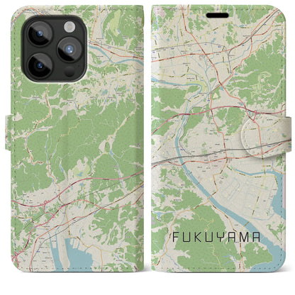 【福山（広島県）】地図柄iPhoneケース（手帳タイプ）ナチュラル・iPhone 15 Pro Max 用