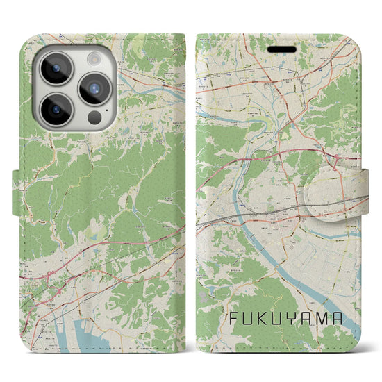 【福山】地図柄iPhoneケース（手帳両面タイプ・ナチュラル）iPhone 15 Pro 用
