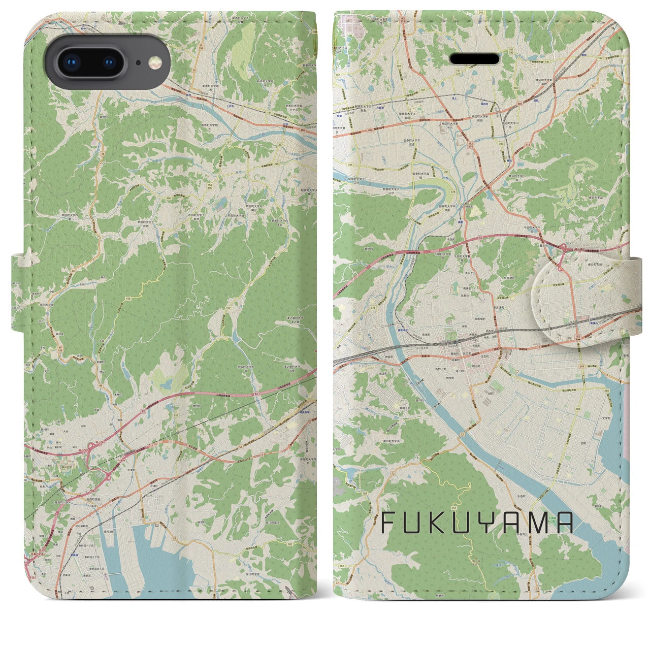 【福山】地図柄iPhoneケース（手帳両面タイプ・ナチュラル）iPhone 8Plus /7Plus / 6sPlus / 6Plus 用