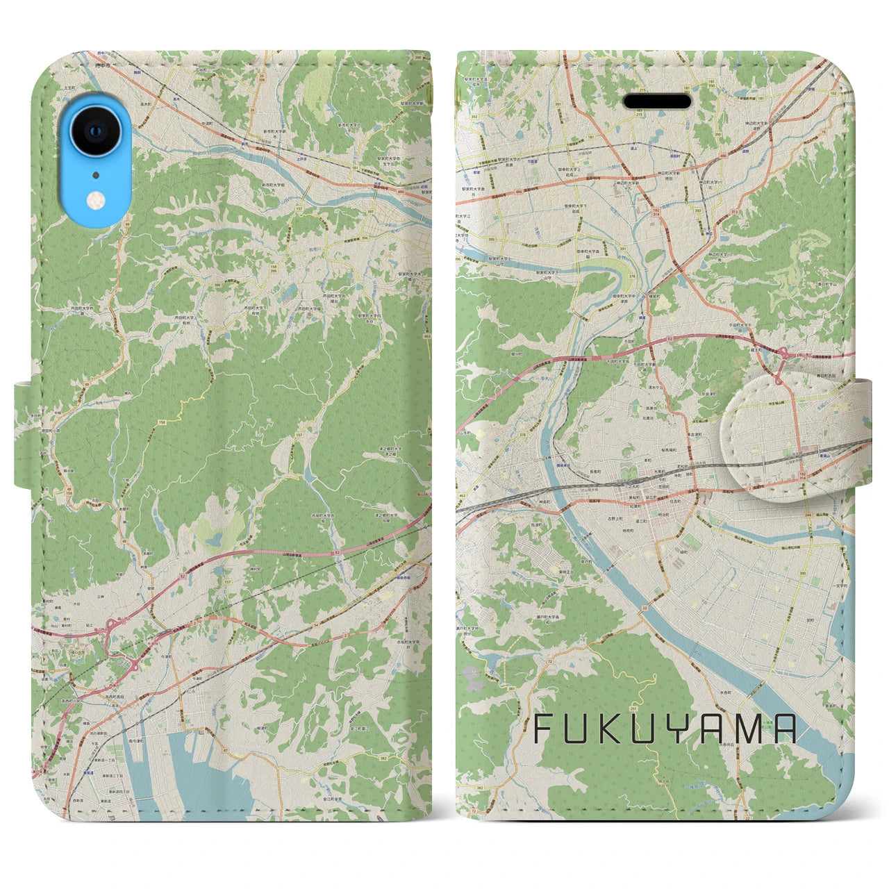 【福山】地図柄iPhoneケース（手帳両面タイプ・ナチュラル）iPhone XR 用