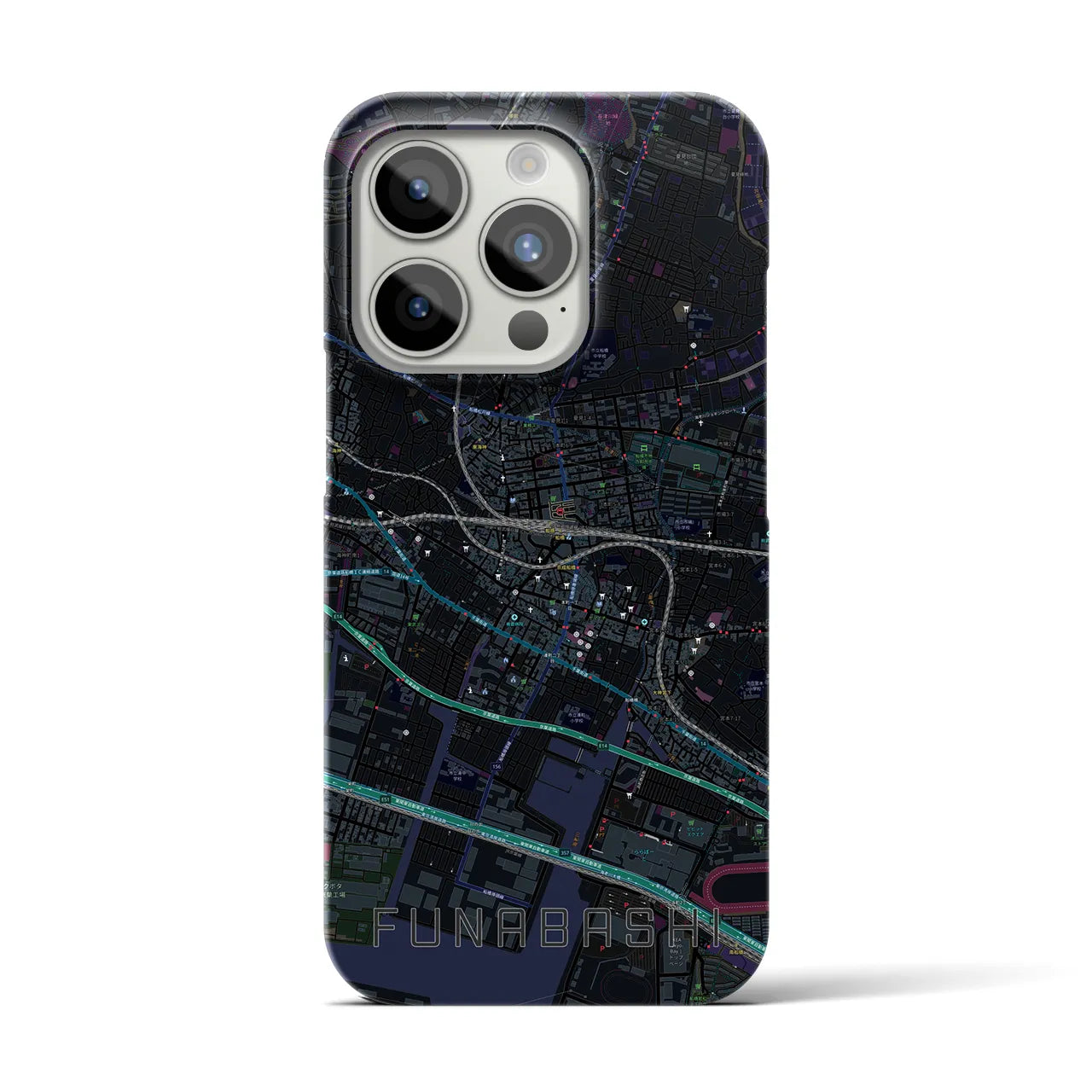 【船橋】地図柄iPhoneケース（バックカバータイプ・ブラック）iPhone 15 Pro 用