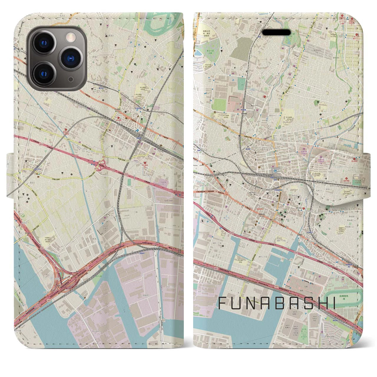 【船橋】地図柄iPhoneケース（手帳両面タイプ・ナチュラル）iPhone 11 Pro Max 用