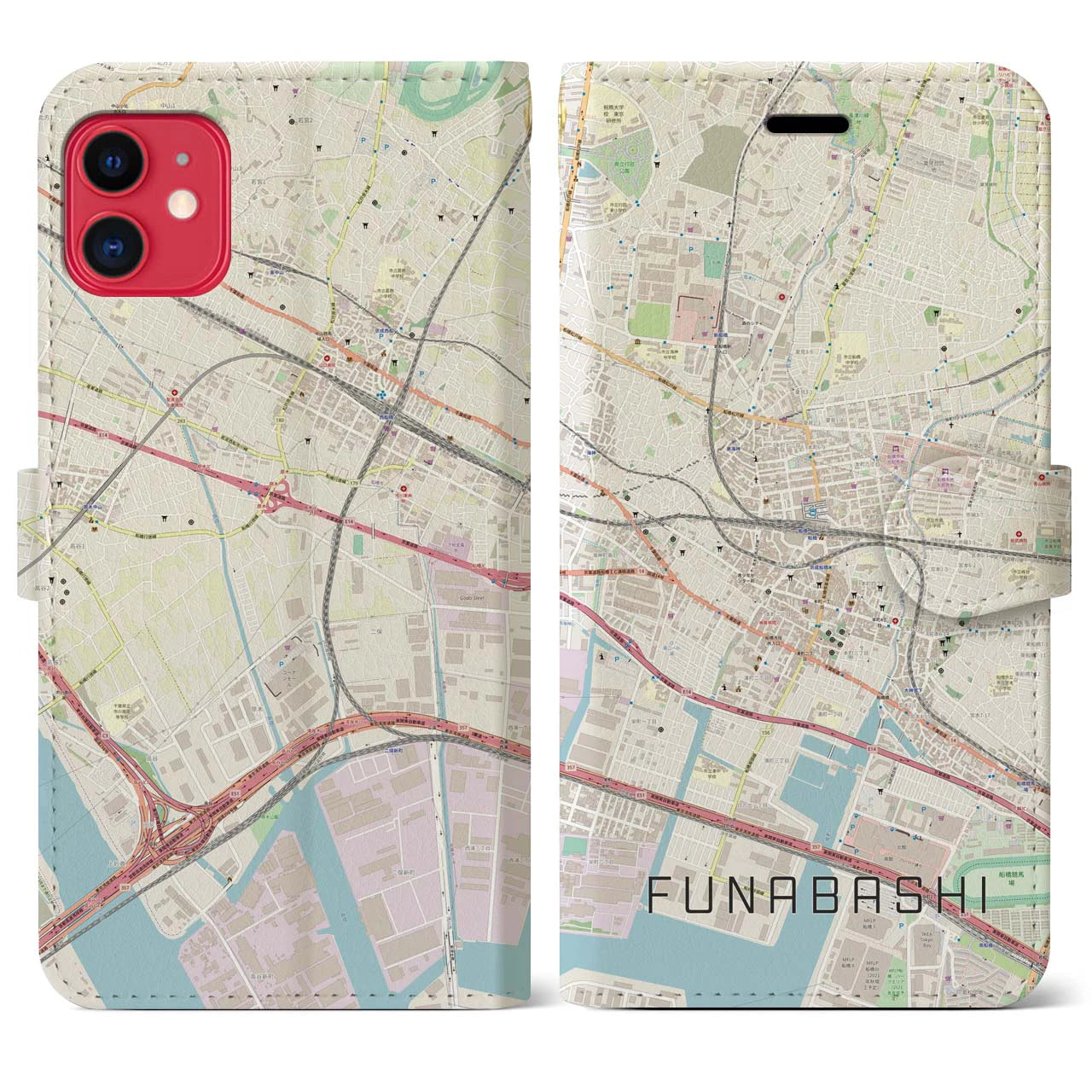 【船橋】地図柄iPhoneケース（手帳両面タイプ・ナチュラル）iPhone 11 用