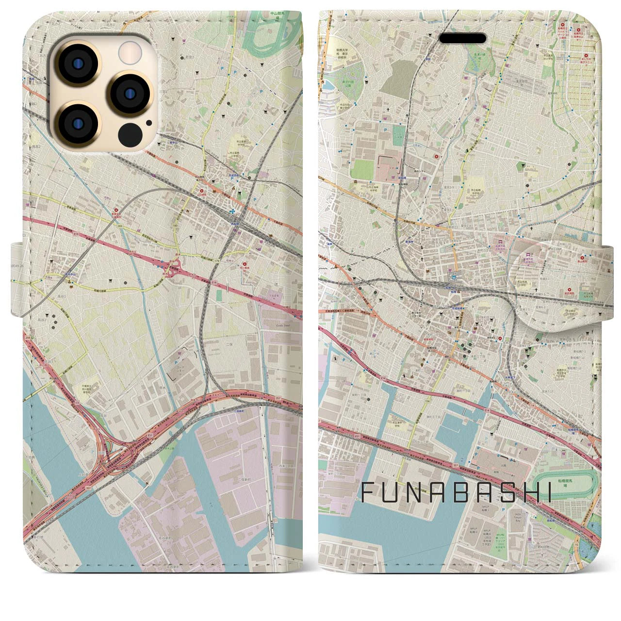 【船橋】地図柄iPhoneケース（手帳両面タイプ・ナチュラル）iPhone 12 Pro Max 用