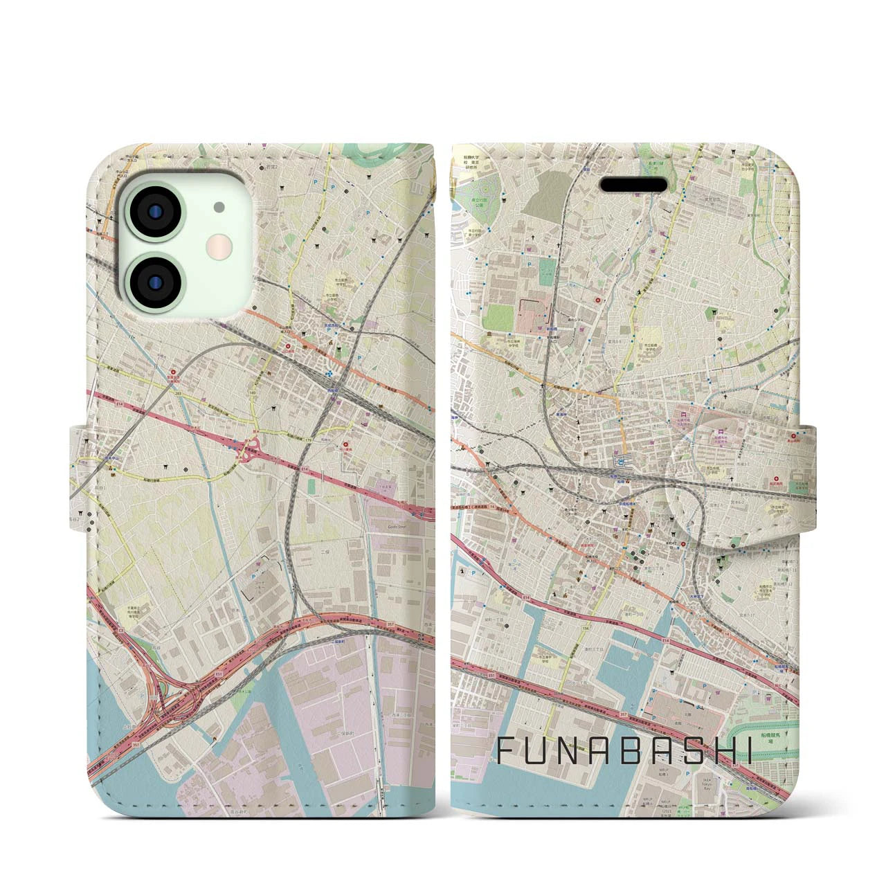 【船橋】地図柄iPhoneケース（手帳両面タイプ・ナチュラル）iPhone 12 mini 用