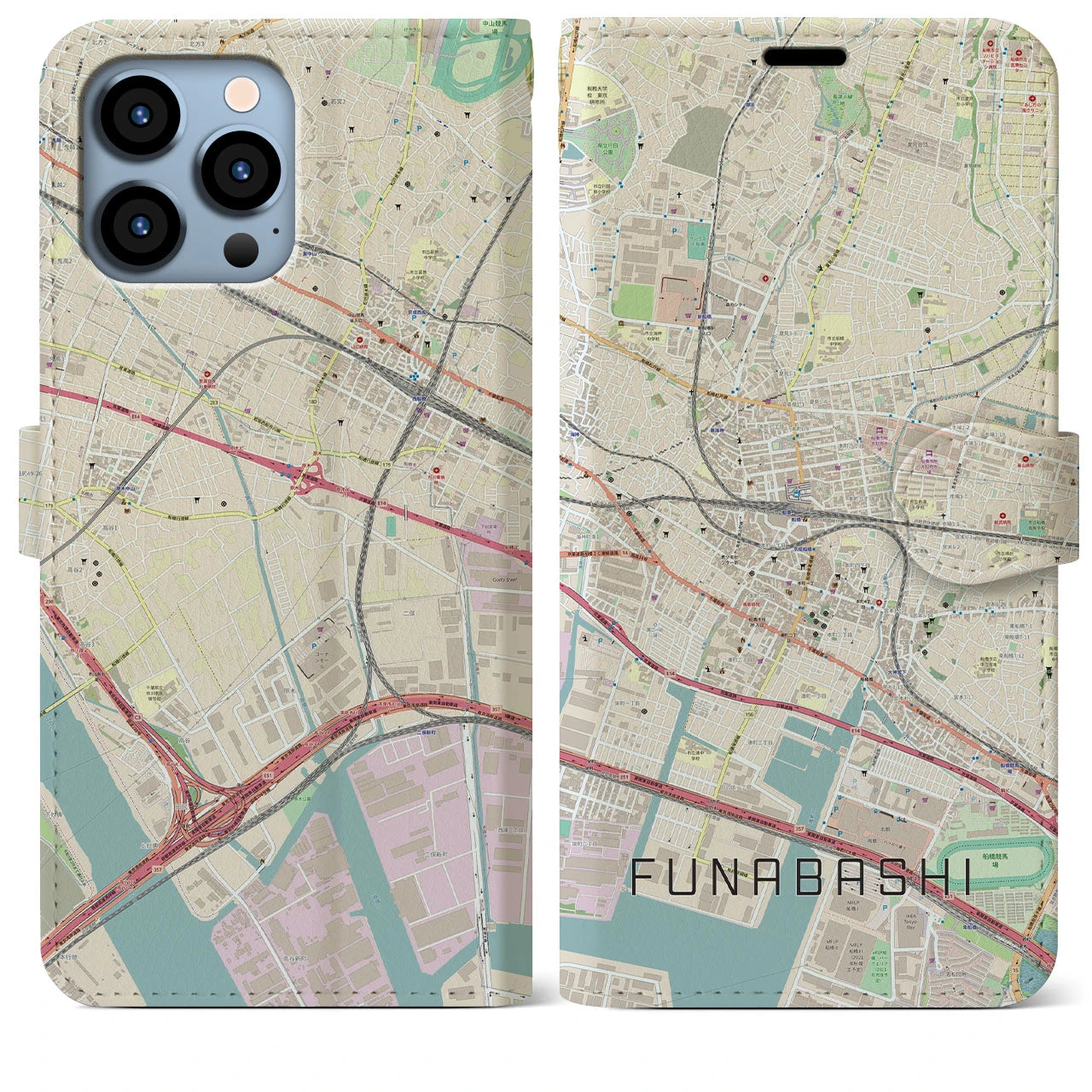【船橋】地図柄iPhoneケース（手帳両面タイプ・ナチュラル）iPhone 13 Pro Max 用
