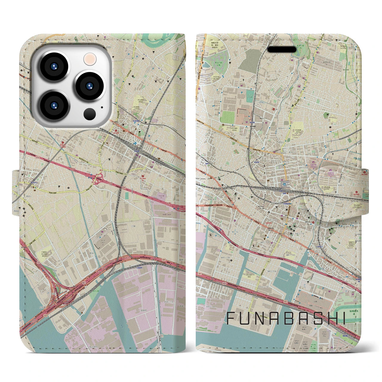 【船橋】地図柄iPhoneケース（手帳両面タイプ・ナチュラル）iPhone 13 Pro 用