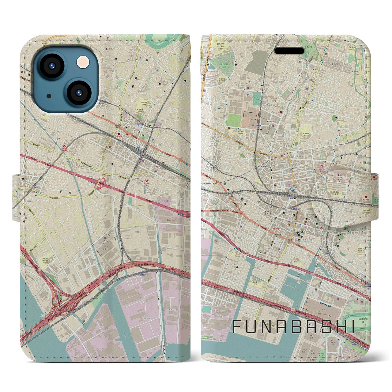 【船橋】地図柄iPhoneケース（手帳両面タイプ・ナチュラル）iPhone 13 用
