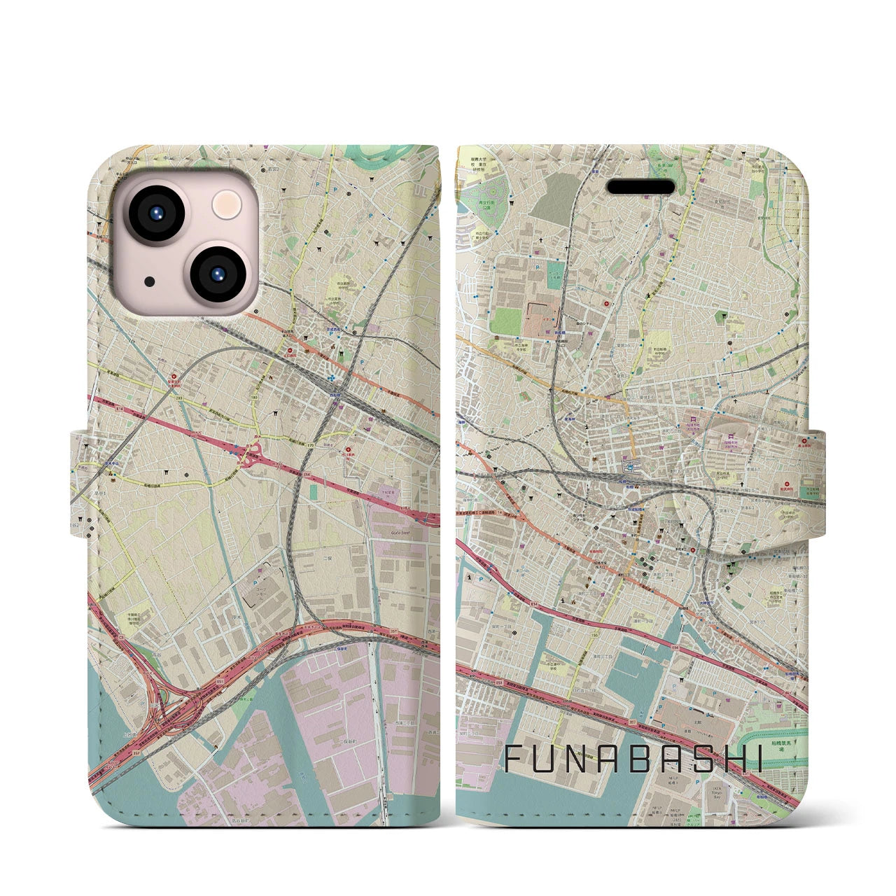 【船橋】地図柄iPhoneケース（手帳両面タイプ・ナチュラル）iPhone 13 mini 用