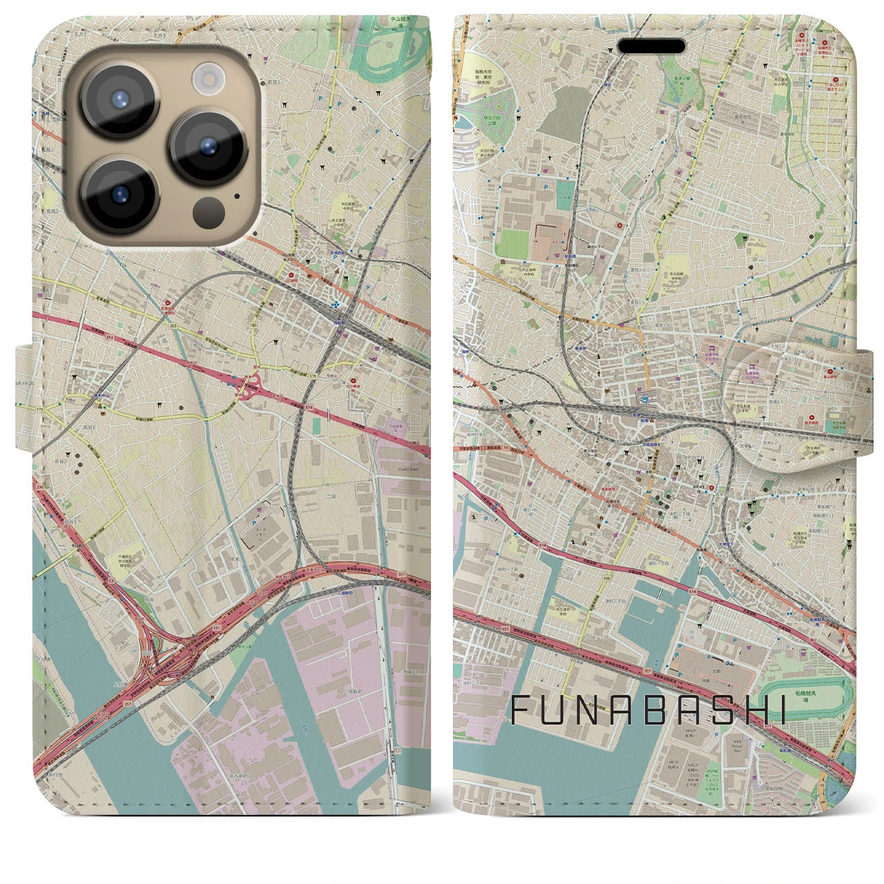 【船橋】地図柄iPhoneケース（手帳両面タイプ・ナチュラル）iPhone 14 Pro Max 用
