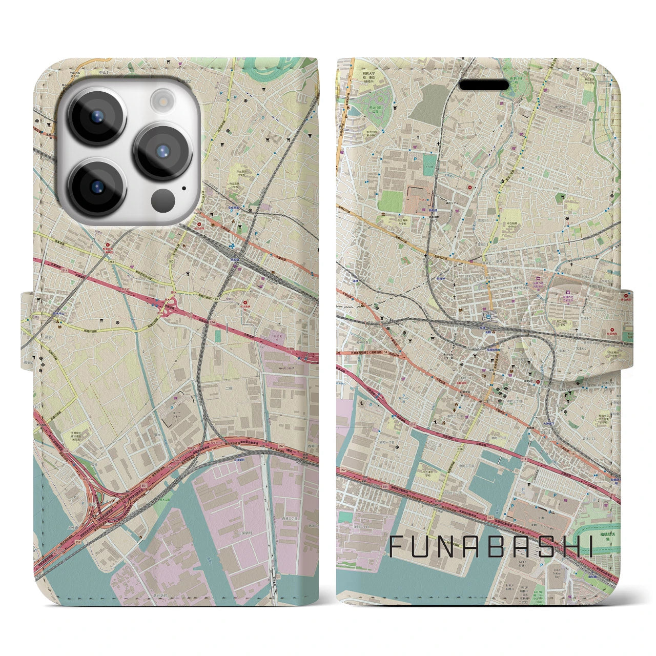 【船橋】地図柄iPhoneケース（手帳両面タイプ・ナチュラル）iPhone 14 Pro 用