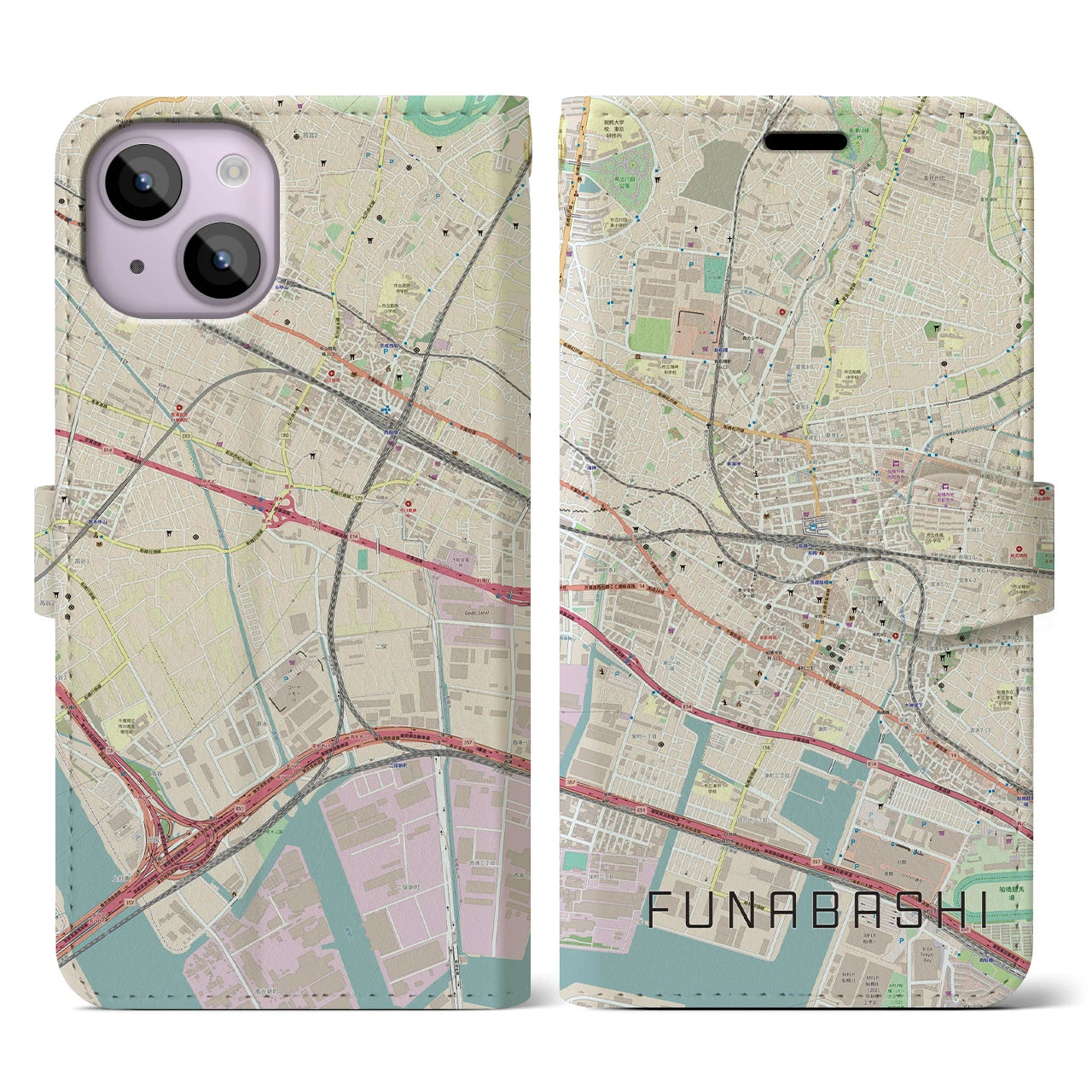 【船橋】地図柄iPhoneケース（手帳両面タイプ・ナチュラル）iPhone 14 用
