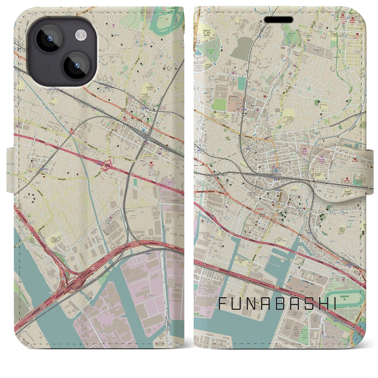 【船橋】地図柄iPhoneケース（手帳両面タイプ・ナチュラル）iPhone 14 Plus 用