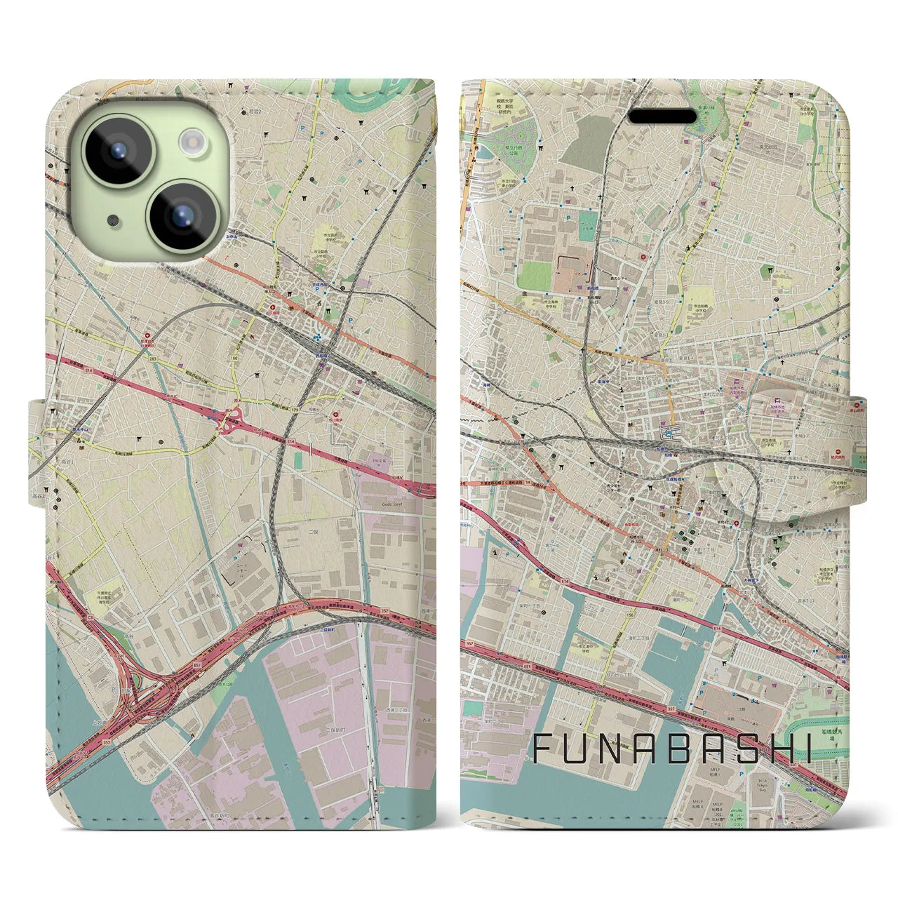 【船橋】地図柄iPhoneケース（手帳両面タイプ・ナチュラル）iPhone 15 用
