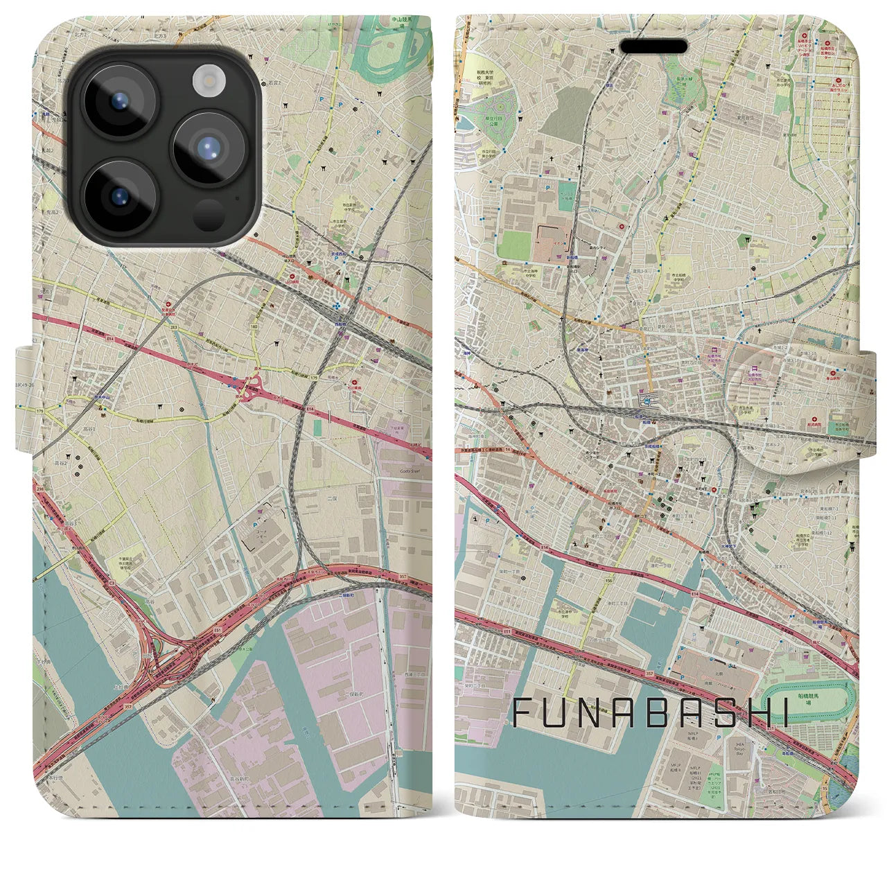 【船橋】地図柄iPhoneケース（手帳両面タイプ・ナチュラル）iPhone 15 Pro Max 用