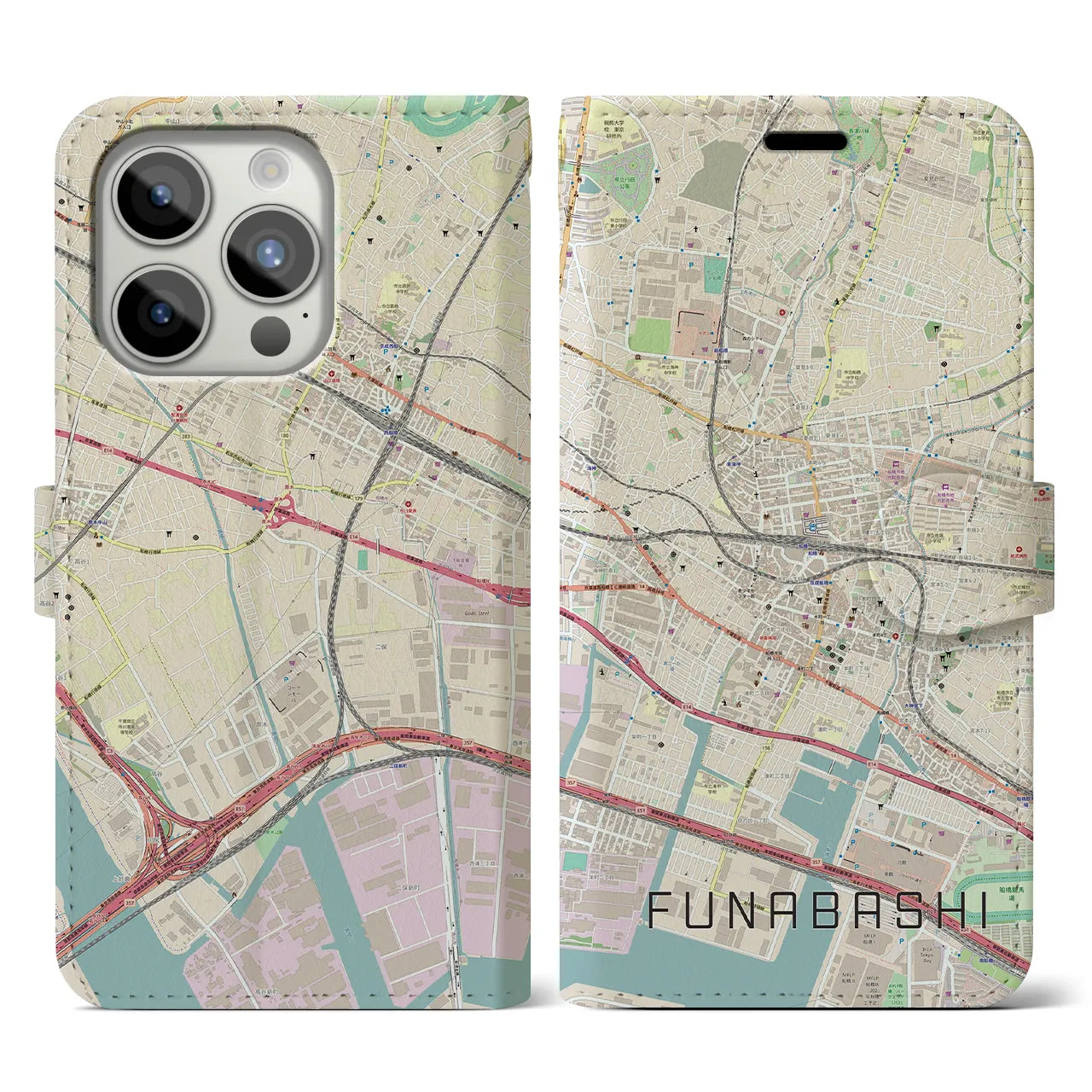 【船橋】地図柄iPhoneケース（手帳両面タイプ・ナチュラル）iPhone 15 Pro 用