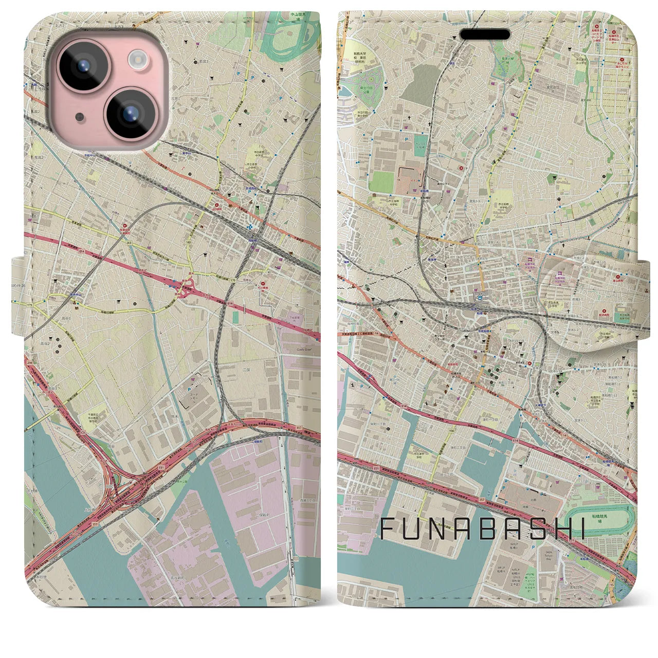 【船橋】地図柄iPhoneケース（手帳両面タイプ・ナチュラル）iPhone 15 Plus 用