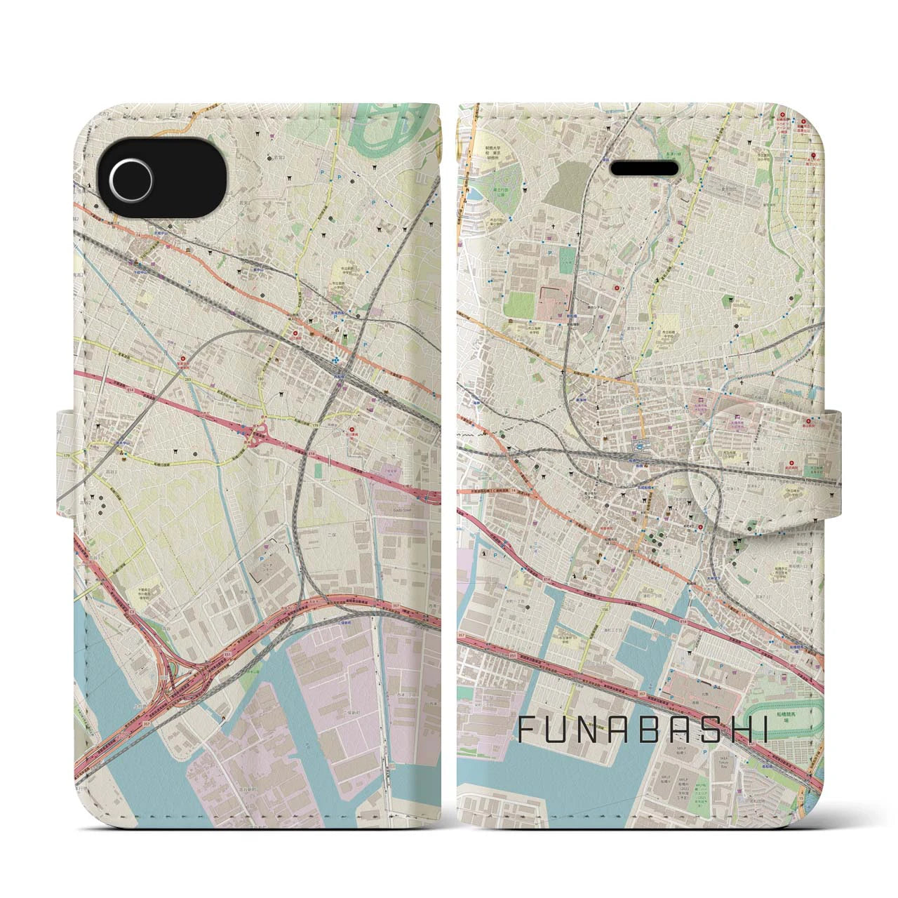 【船橋】地図柄iPhoneケース（手帳両面タイプ・ナチュラル）iPhone SE（第3 / 第2世代） / 8 / 7 / 6s / 6 用