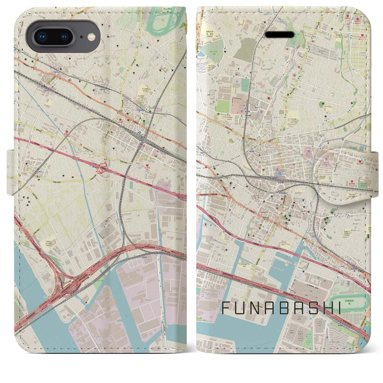 【船橋】地図柄iPhoneケース（手帳両面タイプ・ナチュラル）iPhone 8Plus /7Plus / 6sPlus / 6Plus 用