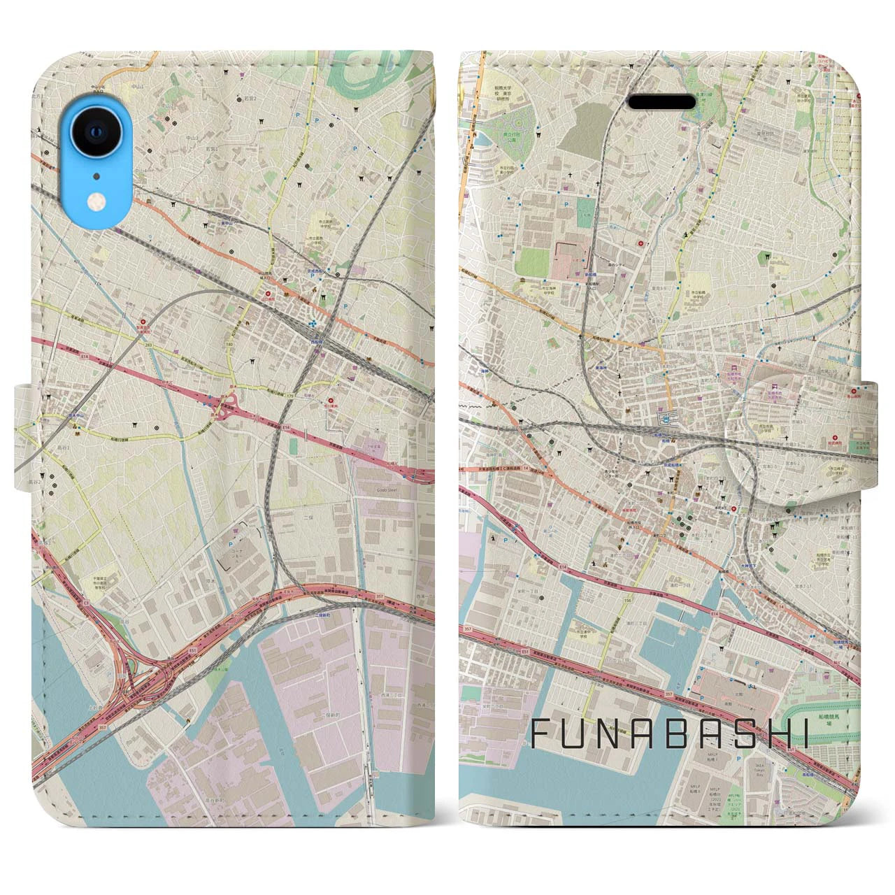 【船橋】地図柄iPhoneケース（手帳両面タイプ・ナチュラル）iPhone XR 用