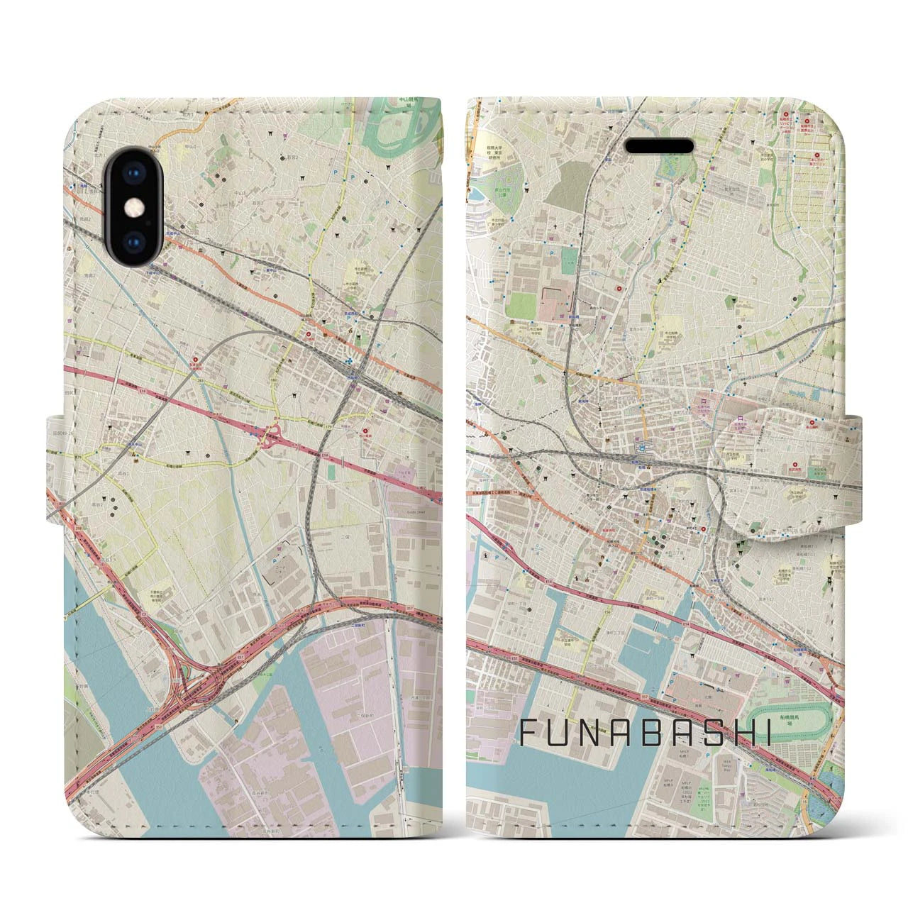 【船橋】地図柄iPhoneケース（手帳両面タイプ・ナチュラル）iPhone XS / X 用