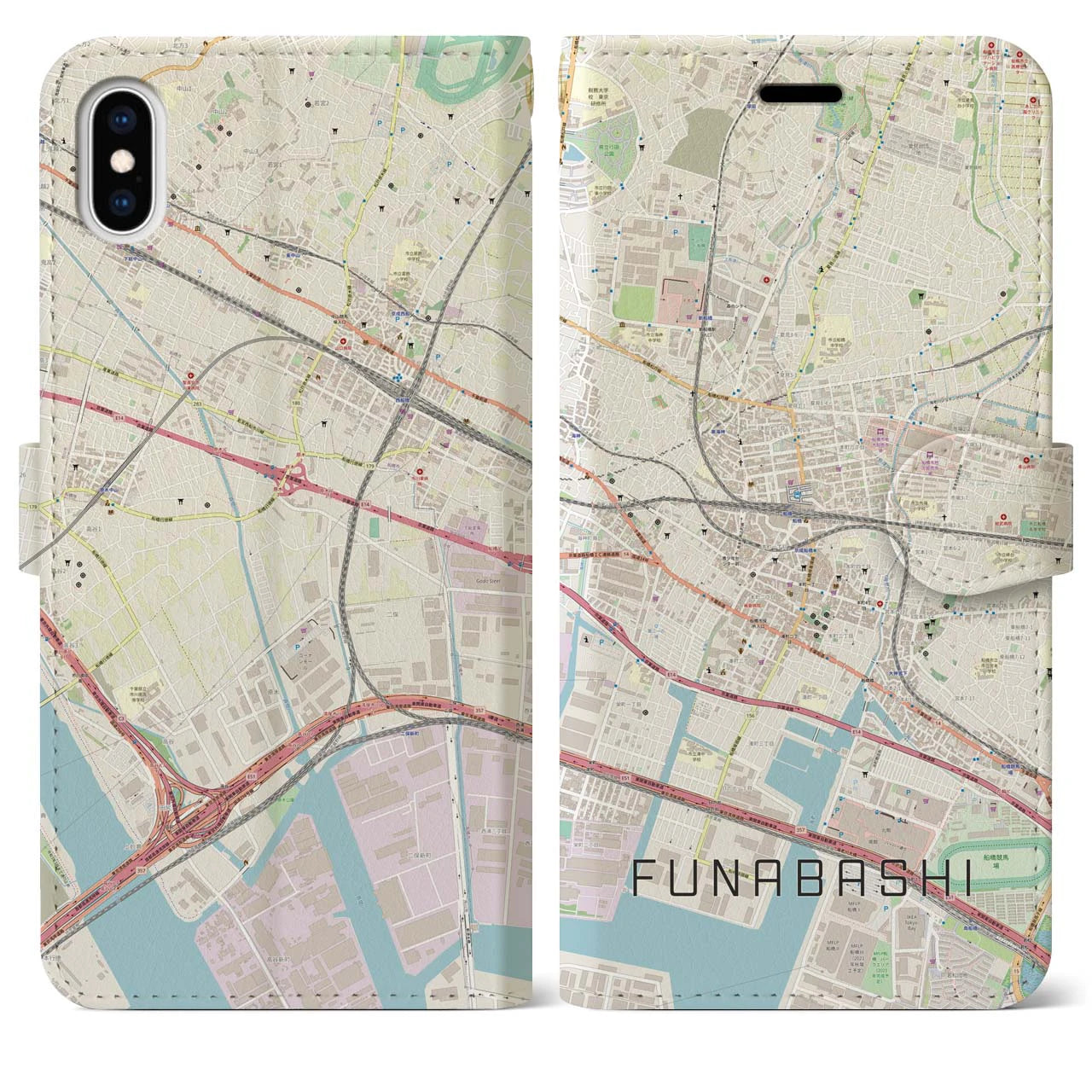 【船橋】地図柄iPhoneケース（手帳両面タイプ・ナチュラル）iPhone XS Max 用