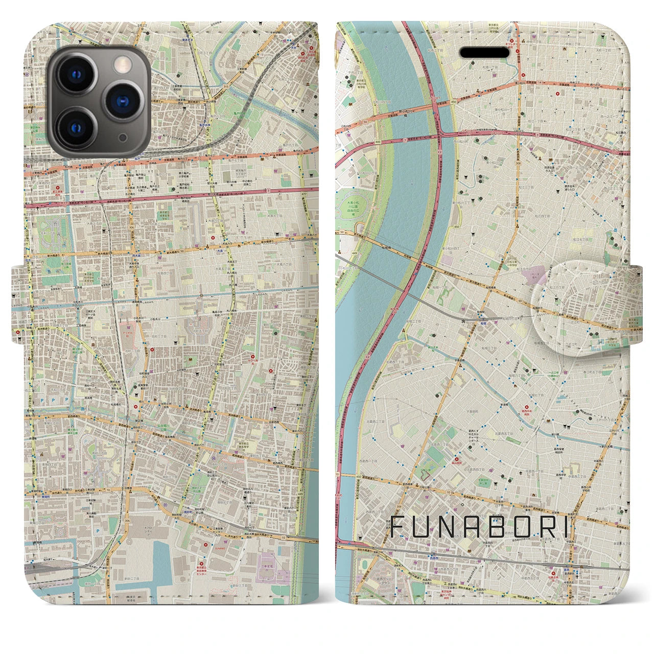 【船堀】地図柄iPhoneケース（手帳両面タイプ・ナチュラル）iPhone 11 Pro Max 用