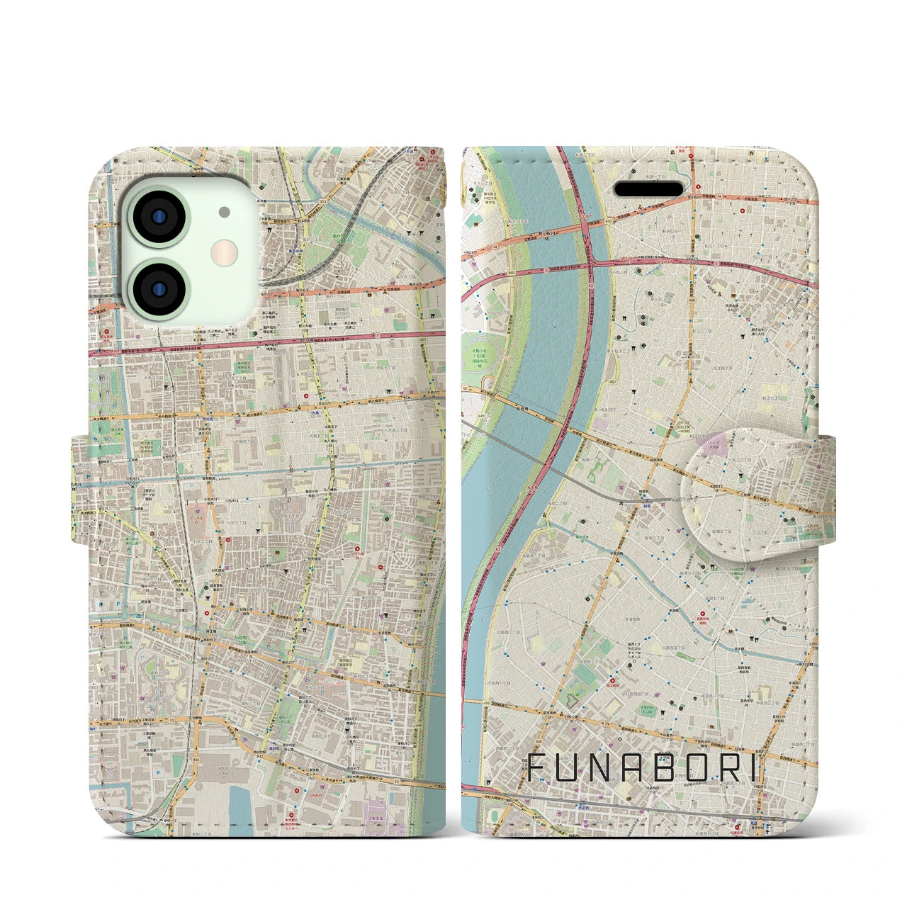【船堀】地図柄iPhoneケース（手帳両面タイプ・ナチュラル）iPhone 12 mini 用