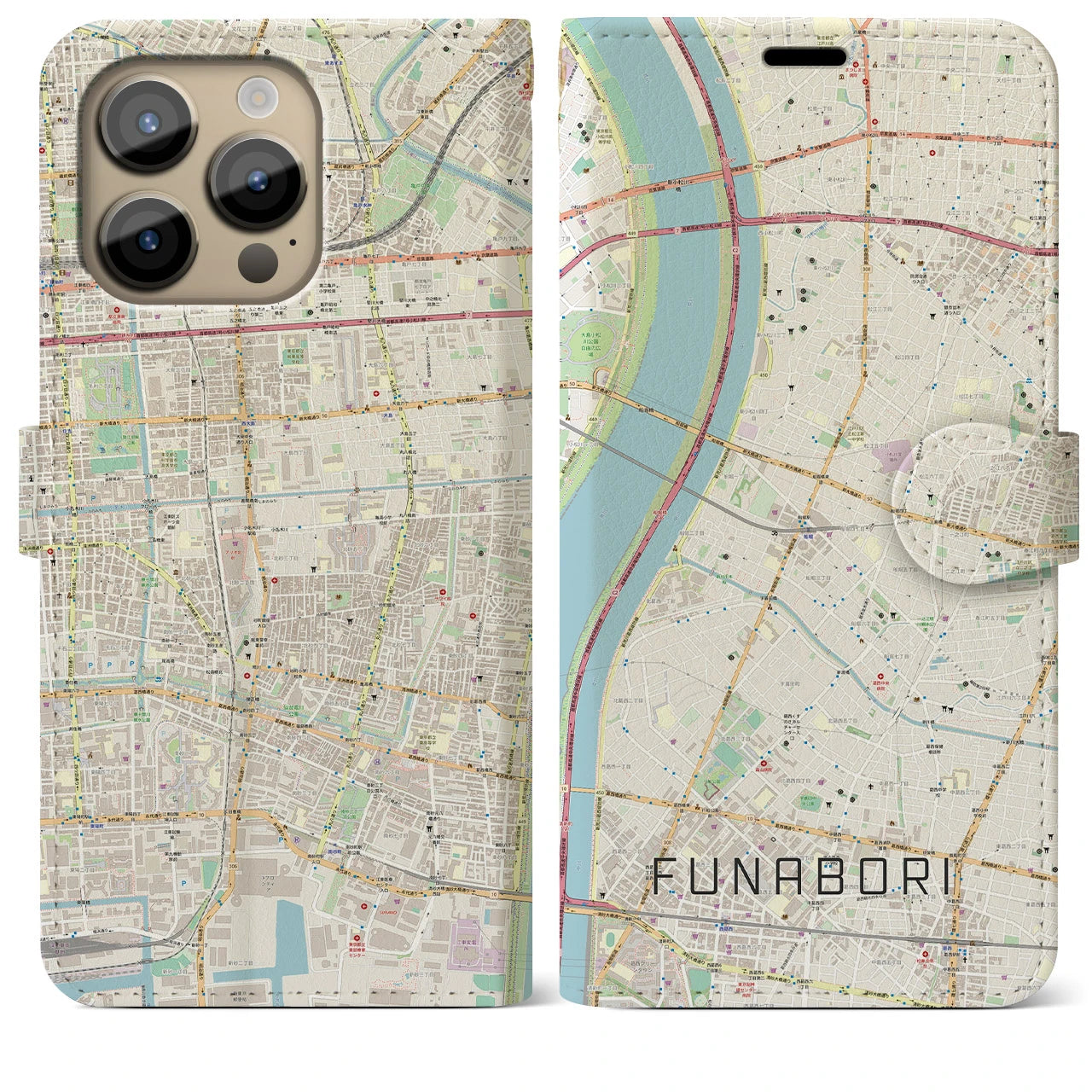 【船堀】地図柄iPhoneケース（手帳両面タイプ・ナチュラル）iPhone 14 Pro Max 用