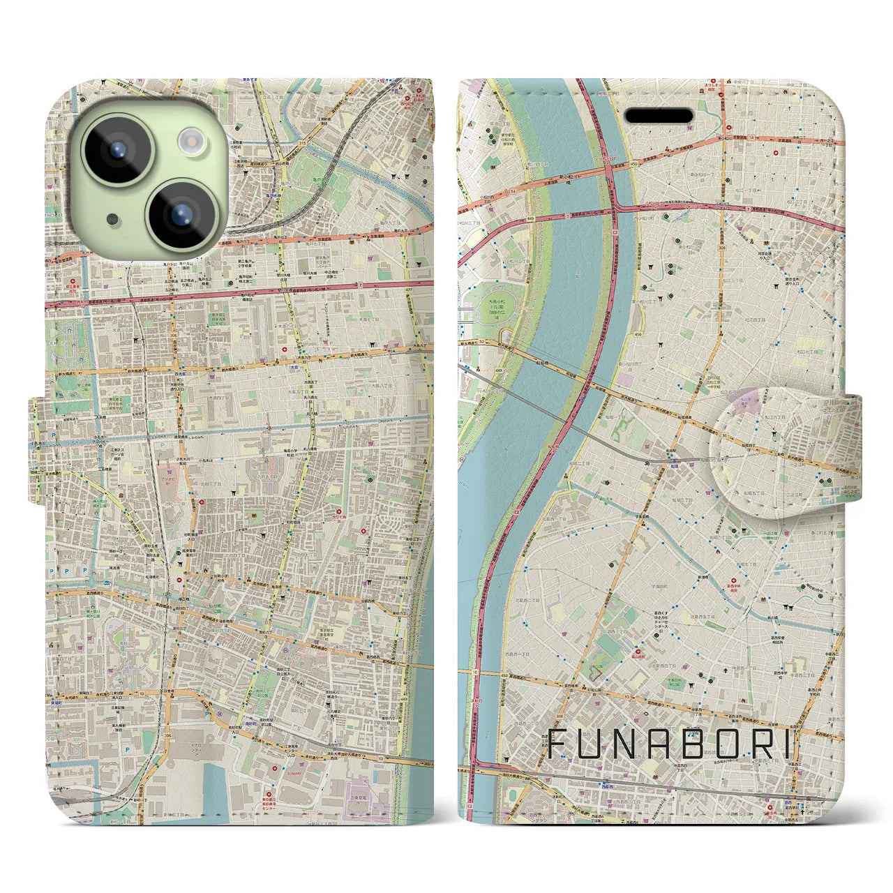 【船堀】地図柄iPhoneケース（手帳両面タイプ・ナチュラル）iPhone 15 用